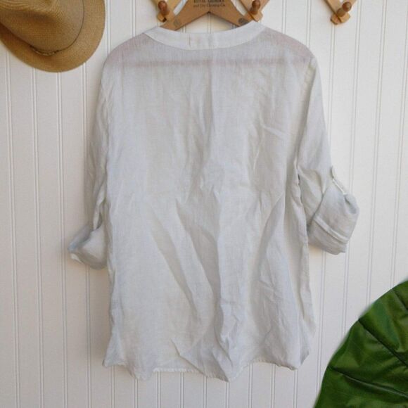 Side Stitch White Linen lace Up Top Size M Roll Tab Sleeves Lagenlook Blouse - Picture 8 of 8